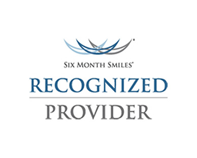 The image features a logo with text that reads Six Month Smiles Recognized Provider on a white background, indicating an affiliation with a dental service provider specializing in cosmetic dentistry treatments.