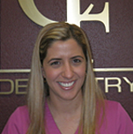 The image displays two photographs of a woman standing in front of a sign with the word DENTISTRY visible, smiling at the camera.